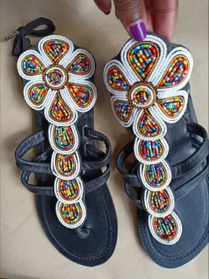 Handmade African Beaded Sandals/Authentic Maasai-Style Leather Flip-Flops Women/Boho Beach Sandals/Comfortable Summer Sandal African Gifts