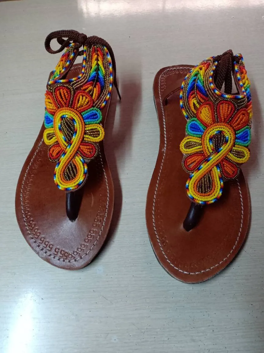 Handmade African Beaded Sandals/Authentic Maasai-Style Leather Flip-Flops Women/Boho Beach Sandals/Comfortable Summer Sandal African Gifts