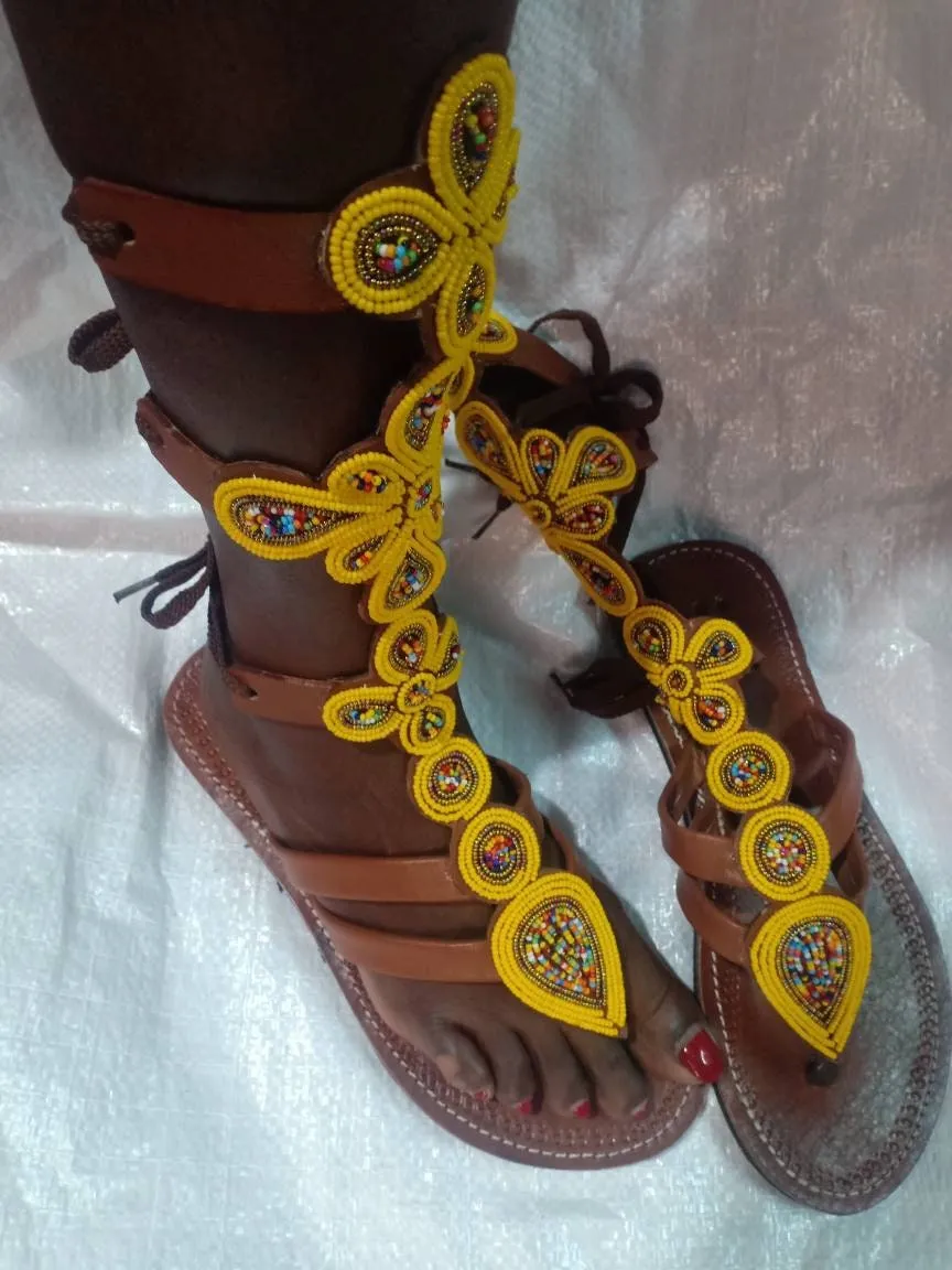 Handmade African Beaded Sandals/Authentic Maasai-Style Leather Flip-Flops Women/Boho Beach Sandals/Comfortable Summer Sandal African Gifts