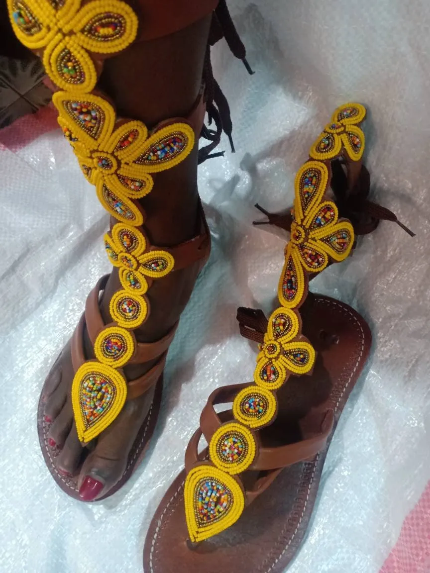 Handmade African Beaded Sandals/Authentic Maasai-Style Leather Flip-Flops Women/Boho Beach Sandals/Comfortable Summer Sandal African Gifts