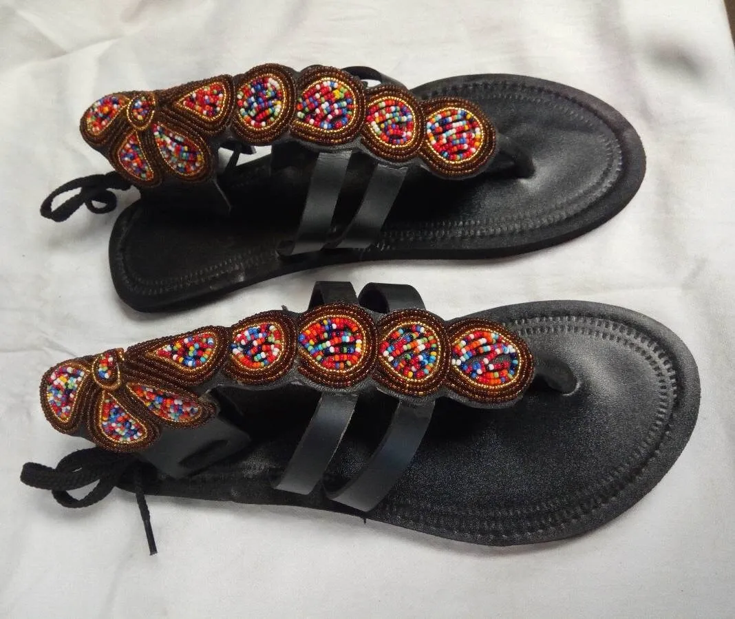 Handmade African Beaded Sandals/Authentic Maasai-Style Leather Flip-Flops Women/Boho Beach Sandals/Comfortable Summer Sandal African Gifts