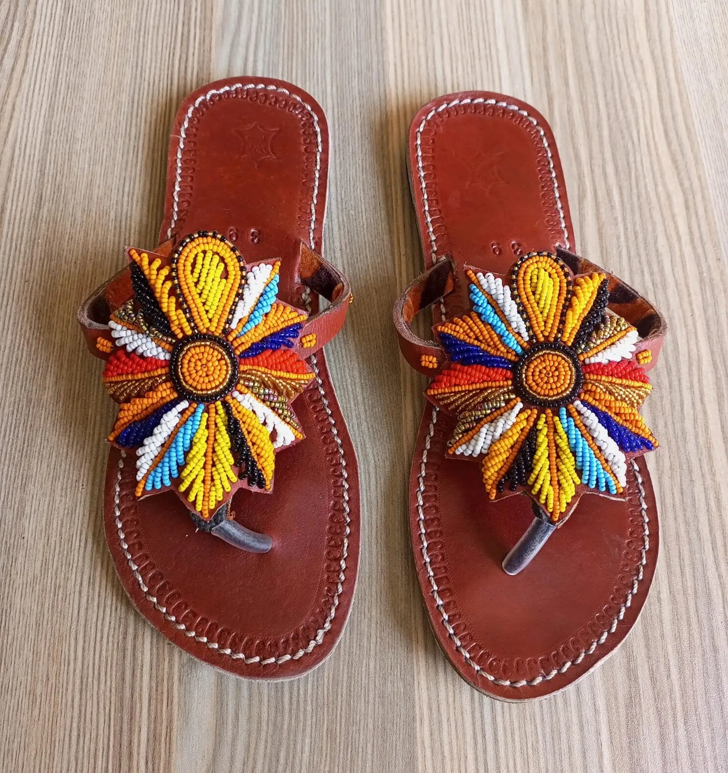 Handmade African Beaded Sandals/Authentic Maasai-Style Leather Flip-Flops Women/Boho Beach Sandals/Comfortable Summer Sandal African Gifts