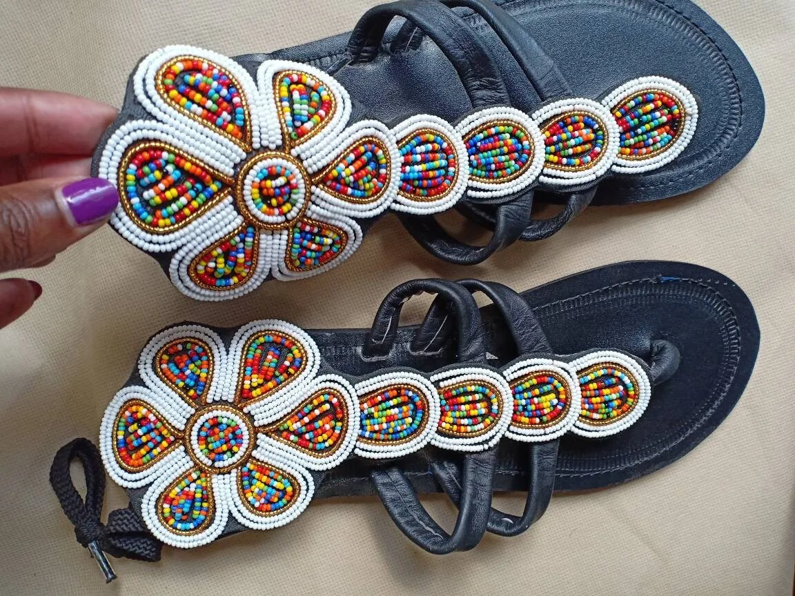 Handmade African Beaded Sandals/Authentic Maasai-Style Leather Flip-Flops Women/Boho Beach Sandals/Comfortable Summer Sandal African Gifts