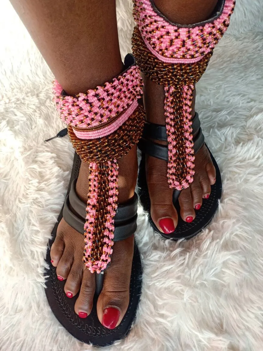 Handmade African Beaded Sandals/Authentic Maasai-Style Leather Flip-Flops Women/Boho Beach Sandals/Comfortable Summer Sandal African Gifts