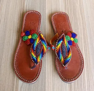 Handmade African Beaded Sandals/Authentic Maasai-Style Leather Flip-Flops Women/Boho Beach Sandals/Comfortable Summer Sandal African Gifts