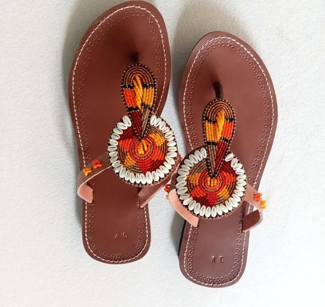 Handmade African Beaded Sandals/Authentic Maasai-Style Leather Flip-Flops Women/Boho Beach Sandals/Comfortable Summer Sandal African Gifts