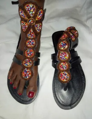 Handmade African Beaded Sandals/Authentic Maasai-Style Leather Flip-Flops Women/Boho Beach Sandals/Comfortable Summer Sandal African Gifts