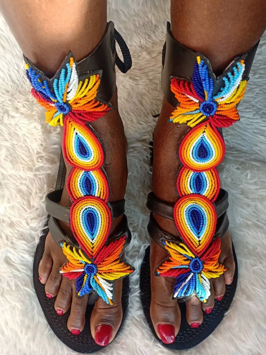 Handmade African Beaded Sandals/Authentic Maasai-Style Leather Flip-Flops Women/Boho Beach Sandals/Comfortable Summer Sandal African Gifts