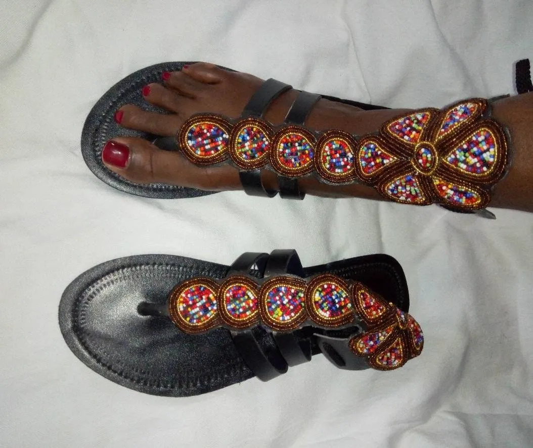 Handmade African Beaded Sandals/Authentic Maasai-Style Leather Flip-Flops Women/Boho Beach Sandals/Comfortable Summer Sandal African Gifts