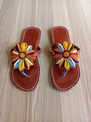 Handmade African Beaded Sandals/Authentic Maasai-Style Leather Flip-Flops Women/Boho Beach Sandals/Comfortable Summer Sandal African Gifts