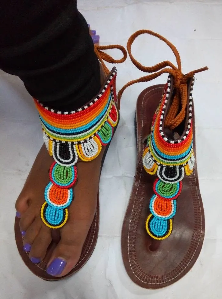 Handmade African Beaded Sandals/Authentic Maasai-Style Leather Flip-Flops Women/Boho Beach Sandals/Comfortable Summer Sandal African Gifts