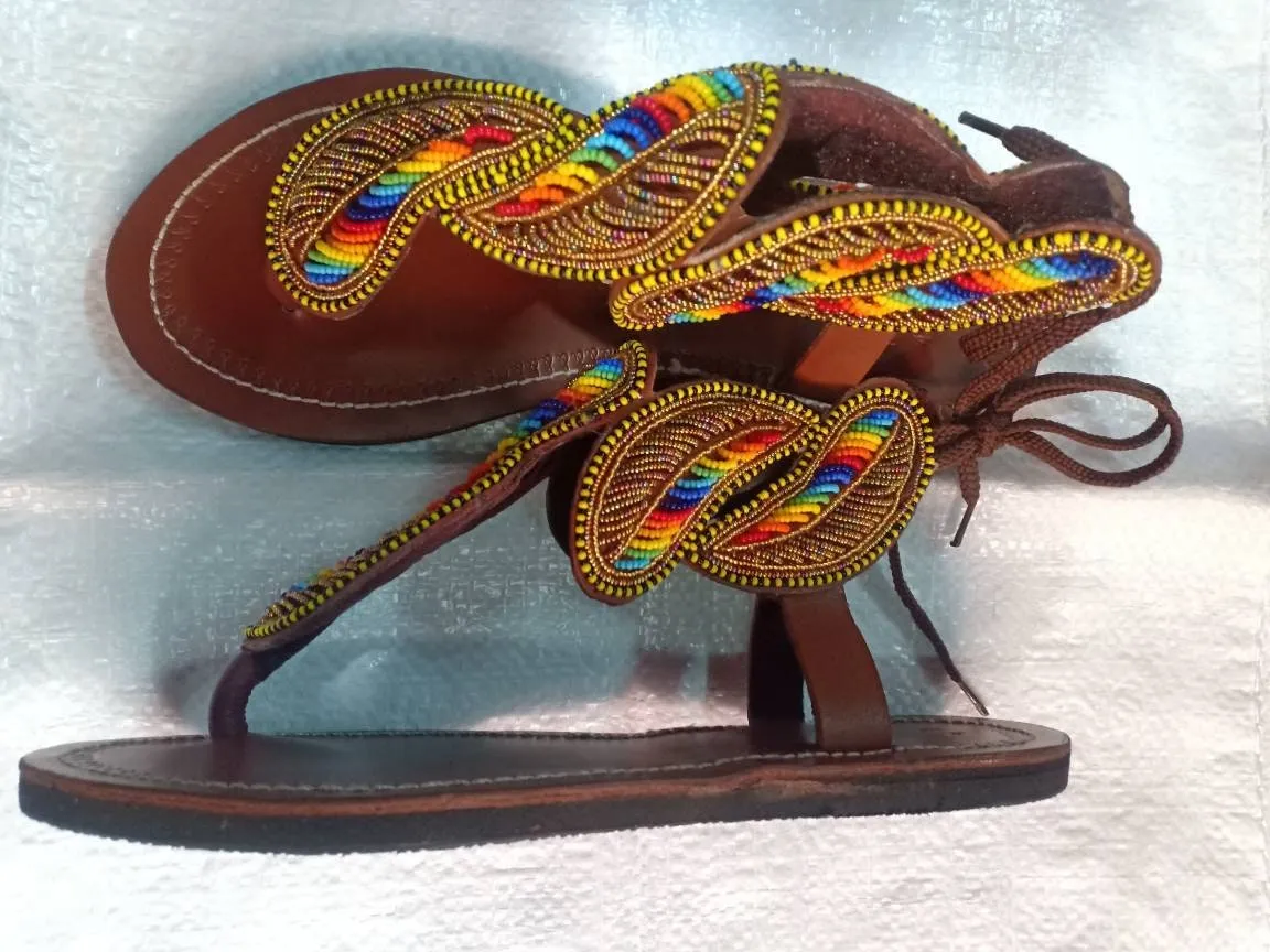 Handmade African Beaded Sandals/Authentic Maasai-Style Leather Flip-Flops Women/Boho Beach Sandals/Comfortable Summer Sandal African Gifts