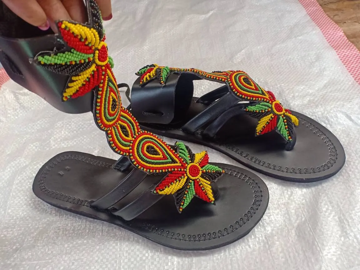 Handmade African Beaded Sandals/Authentic Maasai-Style Leather Flip-Flops Women/Boho Beach Sandals/Comfortable Summer Sandal African Gifts