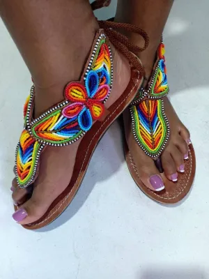 Handmade African Beaded Sandals/Authentic Maasai-Style Leather Flip-Flops Women/Boho Beach Sandals/Comfortable Summer Sandal African Gifts
