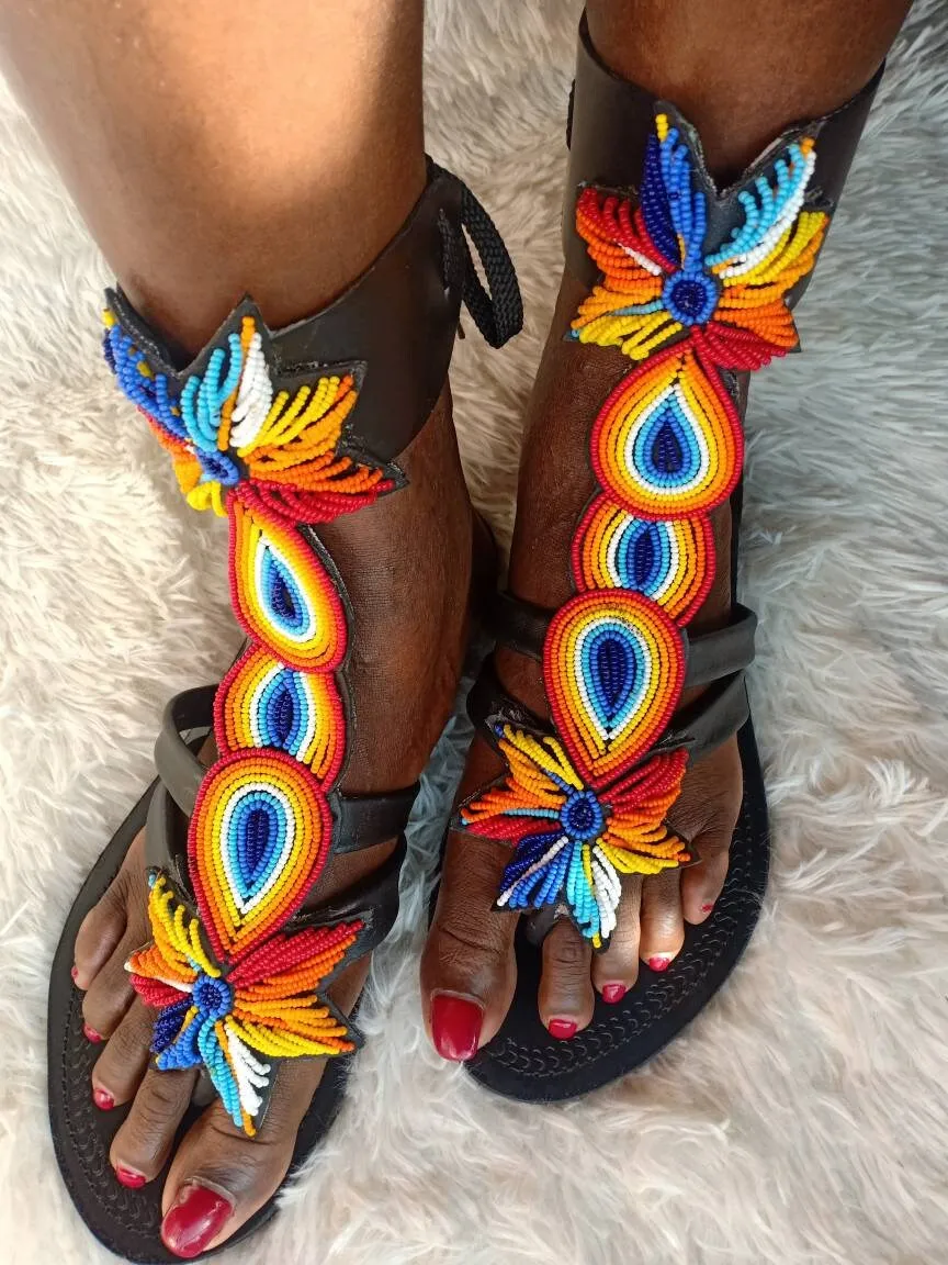 Handmade African Beaded Sandals/Authentic Maasai-Style Leather Flip-Flops Women/Boho Beach Sandals/Comfortable Summer Sandal African Gifts