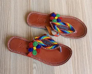 Handmade African Beaded Sandals/Authentic Maasai-Style Leather Flip-Flops Women/Boho Beach Sandals/Comfortable Summer Sandal African Gifts