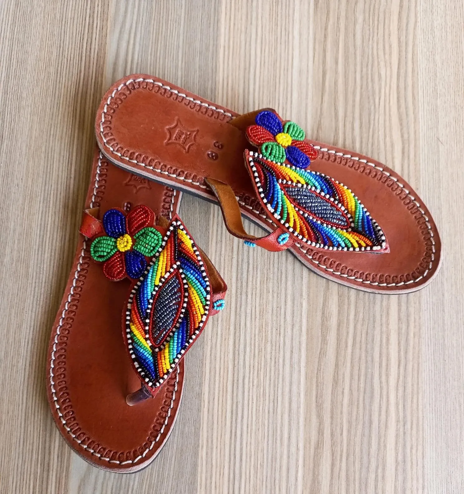 Handmade African Beaded Sandals/Authentic Maasai-Style Leather Flip-Flops Women/Boho Beach Sandals/Comfortable Summer Sandal African Gifts