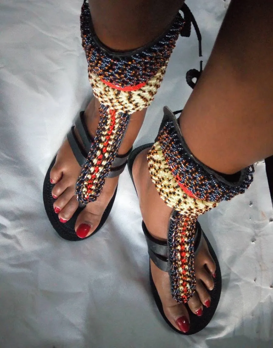 Handmade African Beaded Sandals/Authentic Maasai-Style Leather Flip-Flops Women/Boho Beach Sandals/Comfortable Summer Sandal African Gifts