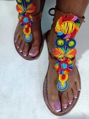 Handmade African Beaded Sandals/Authentic Maasai-Style Leather Flip-Flops Women/Boho Beach Sandals/Comfortable Summer Sandal African Gifts