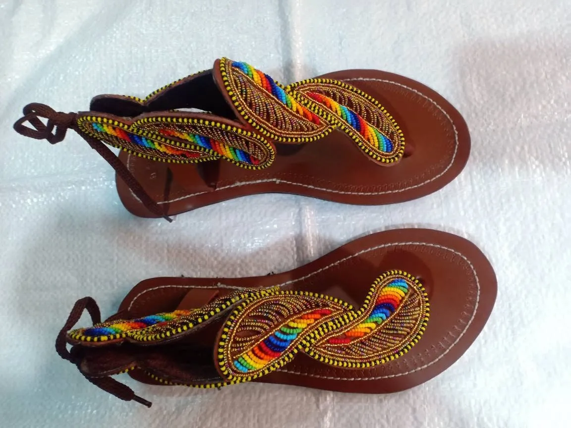 Handmade African Beaded Sandals/Authentic Maasai-Style Leather Flip-Flops Women/Boho Beach Sandals/Comfortable Summer Sandal African Gifts
