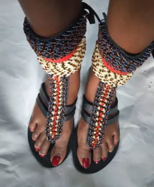 Handmade African Beaded Sandals/Authentic Maasai-Style Leather Flip-Flops Women/Boho Beach Sandals/Comfortable Summer Sandal African Gifts