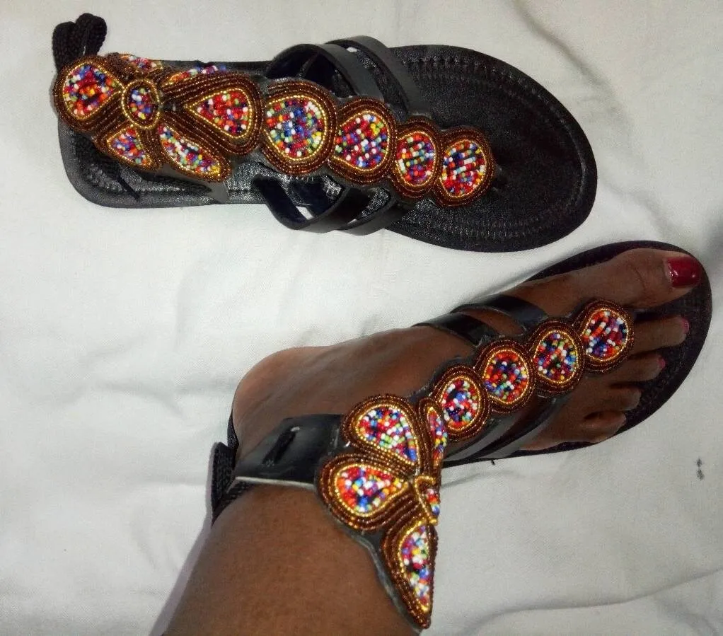 Handmade African Beaded Sandals/Authentic Maasai-Style Leather Flip-Flops Women/Boho Beach Sandals/Comfortable Summer Sandal African Gifts