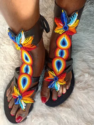 Handmade African Beaded Sandals/Authentic Maasai-Style Leather Flip-Flops Women/Boho Beach Sandals/Comfortable Summer Sandal African Gifts