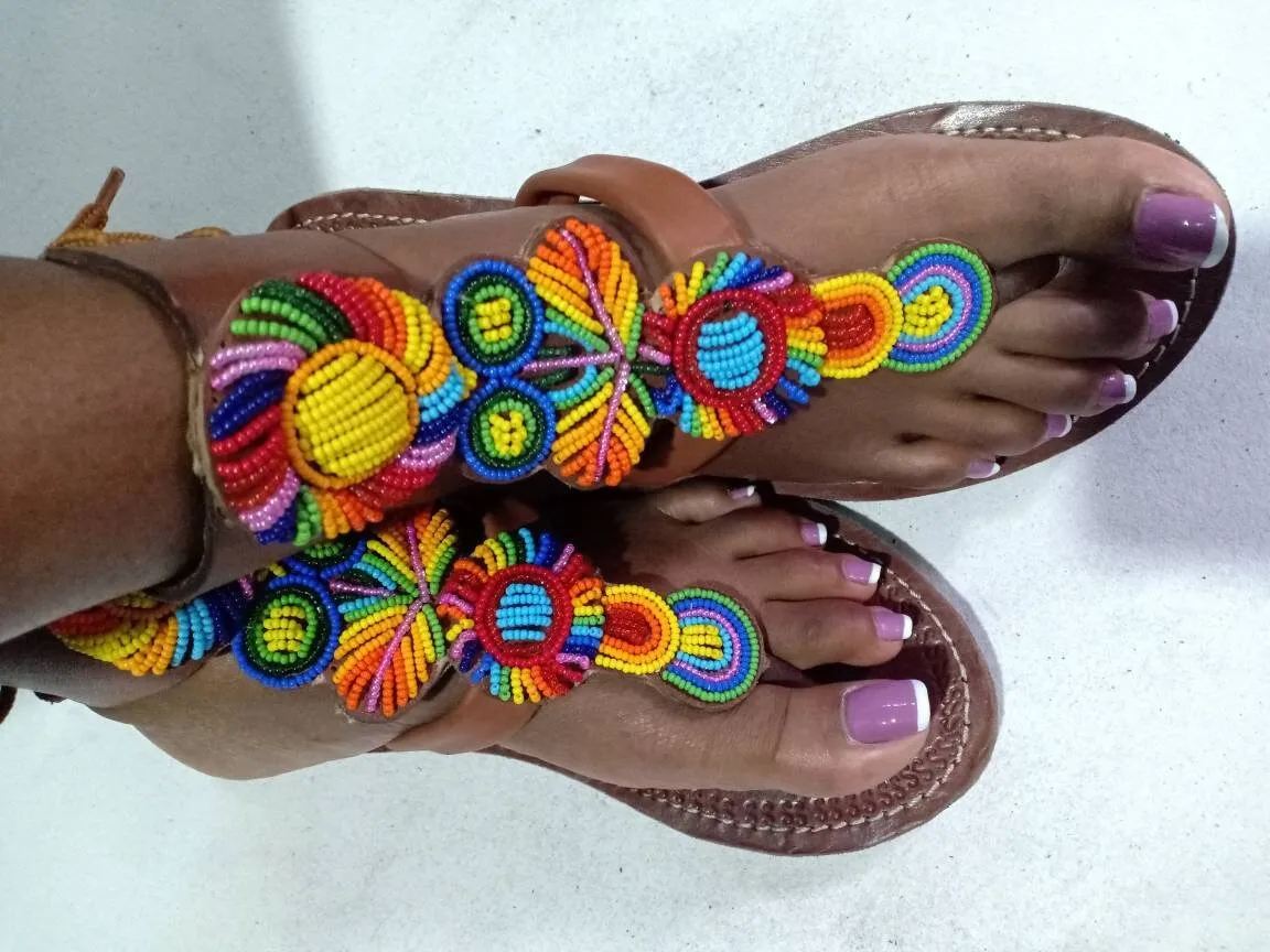 Handmade African Beaded Sandals/Authentic Maasai-Style Leather Flip-Flops Women/Boho Beach Sandals/Comfortable Summer Sandal African Gifts