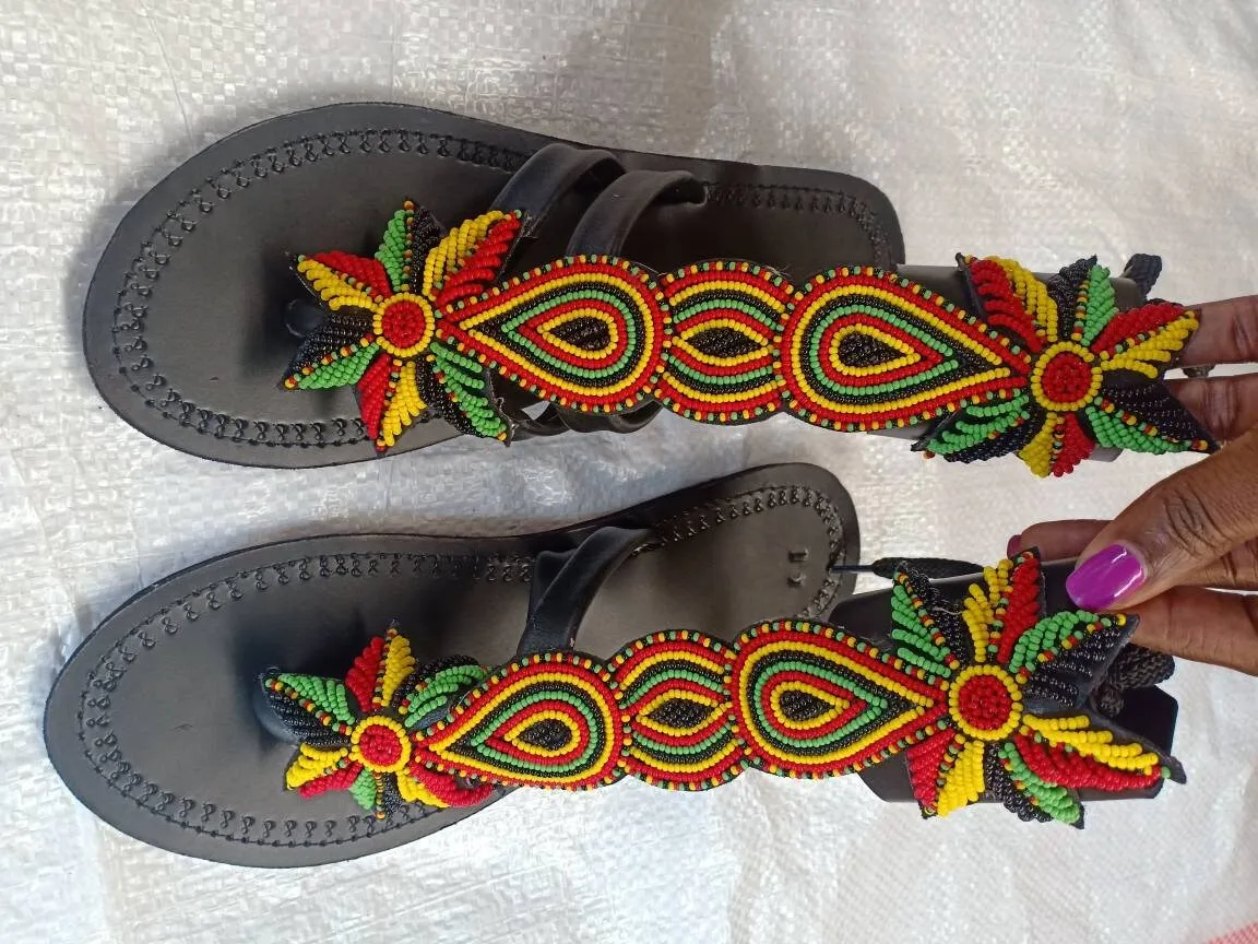 Handmade African Beaded Sandals/Authentic Maasai-Style Leather Flip-Flops Women/Boho Beach Sandals/Comfortable Summer Sandal African Gifts