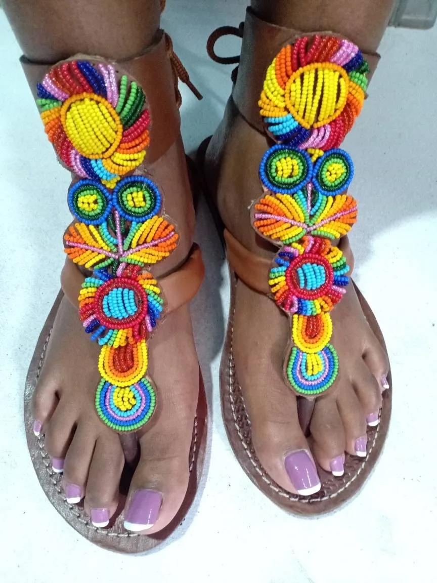 Handmade African Beaded Sandals/Authentic Maasai-Style Leather Flip-Flops Women/Boho Beach Sandals/Comfortable Summer Sandal African Gifts