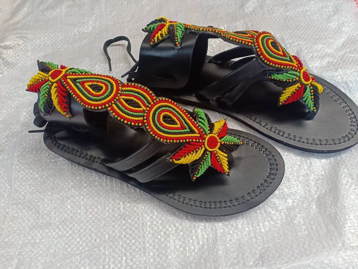 Handmade African Beaded Sandals/Authentic Maasai-Style Leather Flip-Flops Women/Boho Beach Sandals/Comfortable Summer Sandal African Gifts