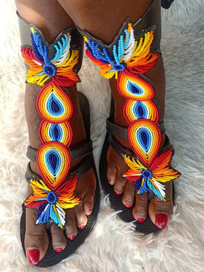 Handmade African Beaded Sandals/Authentic Maasai-Style Leather Flip-Flops Women/Boho Beach Sandals/Comfortable Summer Sandal African Gifts