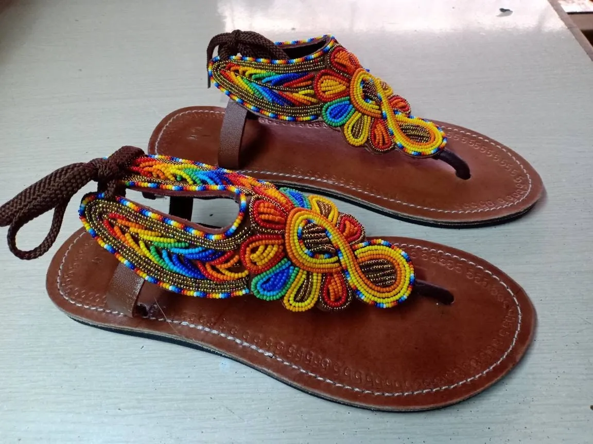 Handmade African Beaded Sandals/Authentic Maasai-Style Leather Flip-Flops Women/Boho Beach Sandals/Comfortable Summer Sandal African Gifts