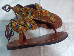 Handmade African Beaded Sandals/Authentic Maasai-Style Leather Flip-Flops Women/Boho Beach Sandals/Comfortable Summer Sandal African Gifts