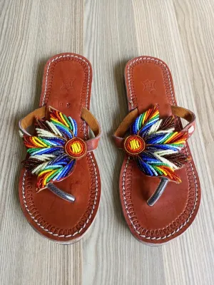 Handmade African Beaded Sandals/Authentic Maasai-Style Leather Flip-Flops Women/Boho Beach Sandals/Comfortable Summer Sandal African Gifts