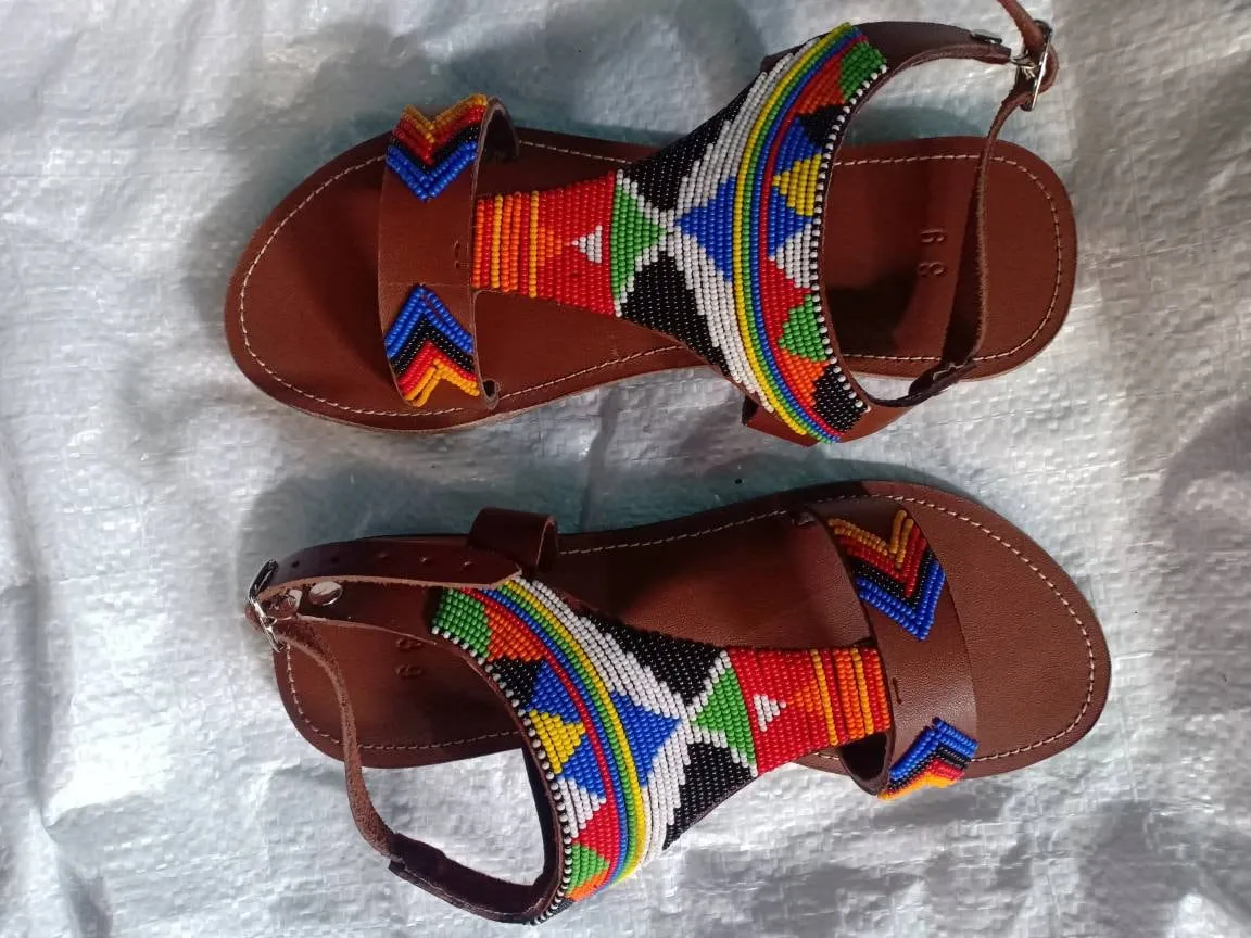Handmade African Beaded Sandals/Authentic Maasai-Style Leather Flip-Flops Women/Boho Beach Sandals/Comfortable Summer Sandal African Gifts