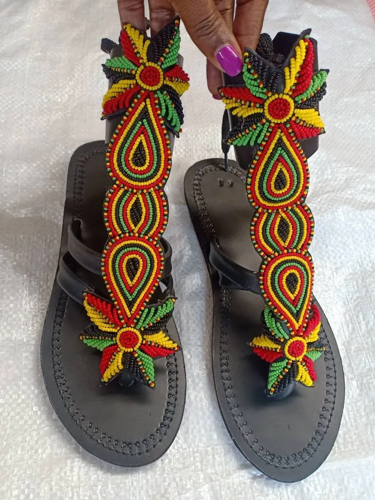 Handmade African Beaded Sandals/Authentic Maasai-Style Leather Flip-Flops Women/Boho Beach Sandals/Comfortable Summer Sandal African Gifts