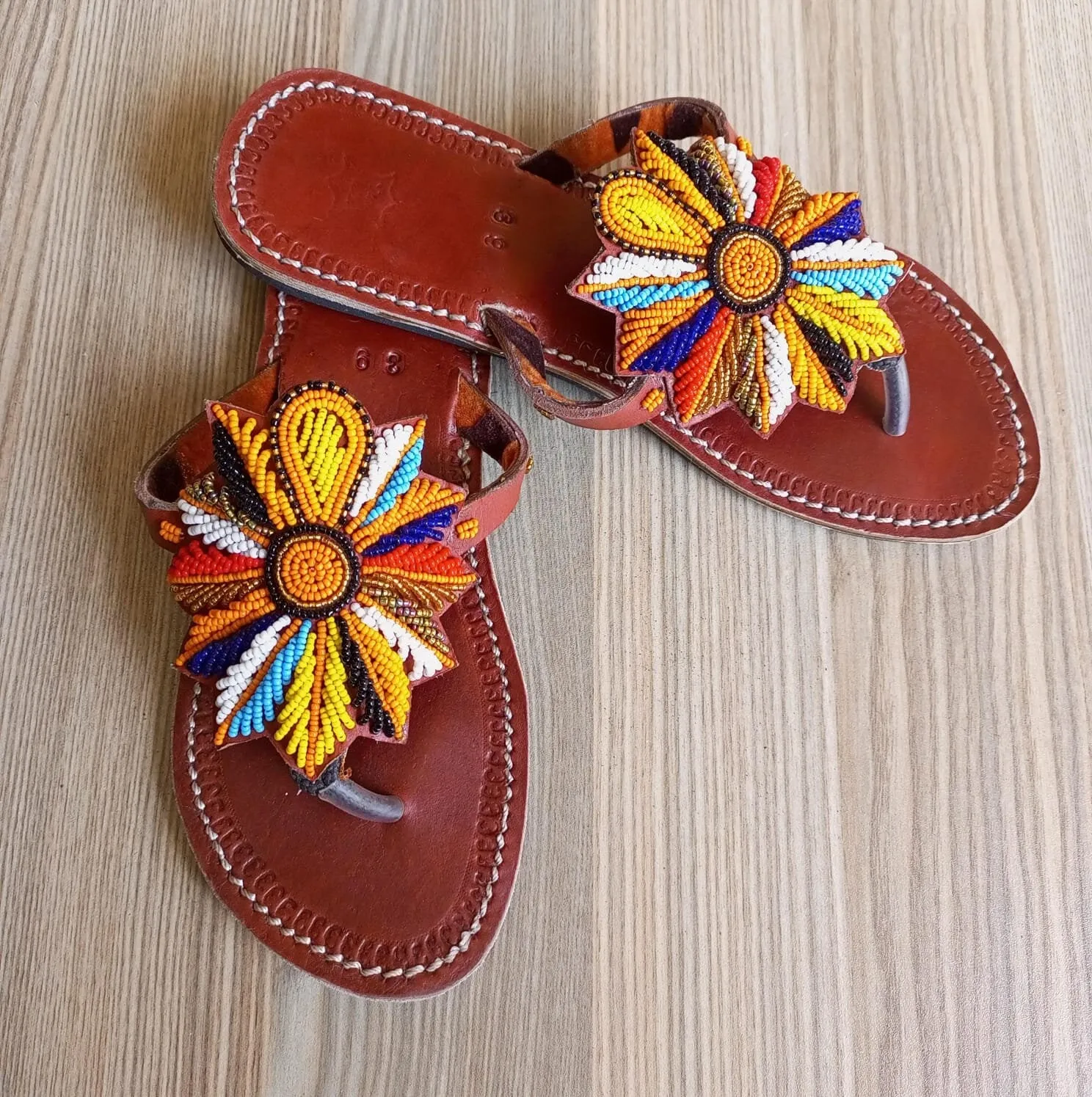 Handmade African Beaded Sandals/Authentic Maasai-Style Leather Flip-Flops Women/Boho Beach Sandals/Comfortable Summer Sandal African Gifts