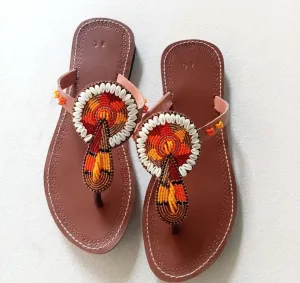 Handmade African Beaded Sandals/Authentic Maasai-Style Leather Flip-Flops Women/Boho Beach Sandals/Comfortable Summer Sandal African Gifts