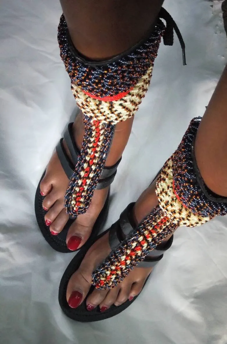 Handmade African Beaded Sandals/Authentic Maasai-Style Leather Flip-Flops Women/Boho Beach Sandals/Comfortable Summer Sandal African Gifts