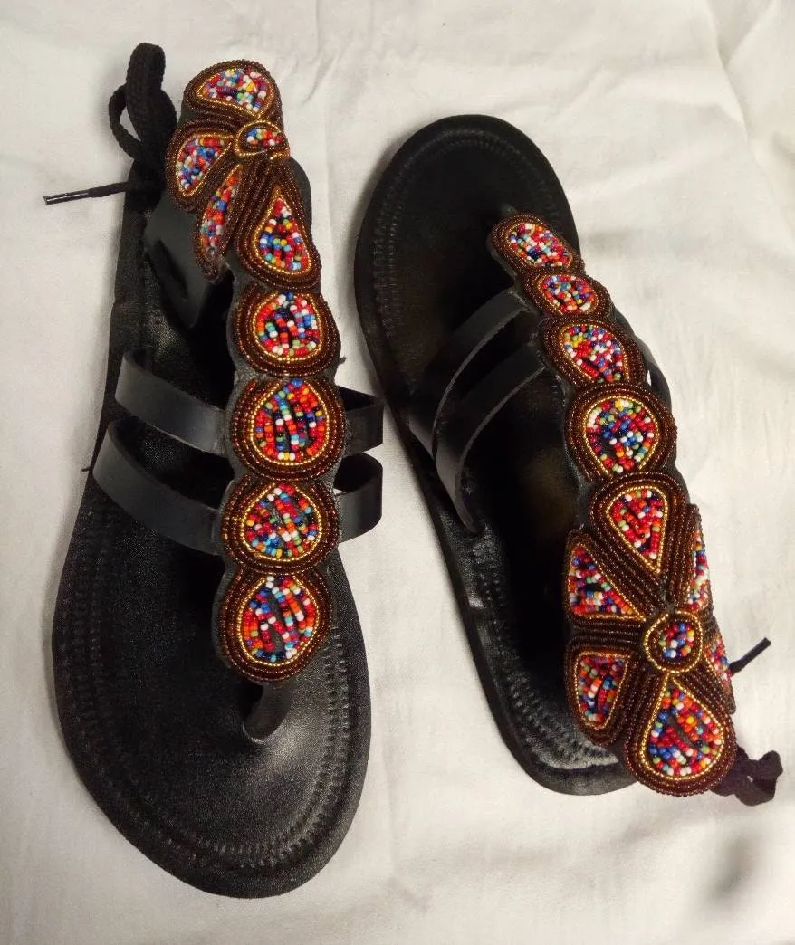 Handmade African Beaded Sandals/Authentic Maasai-Style Leather Flip-Flops Women/Boho Beach Sandals/Comfortable Summer Sandal African Gifts