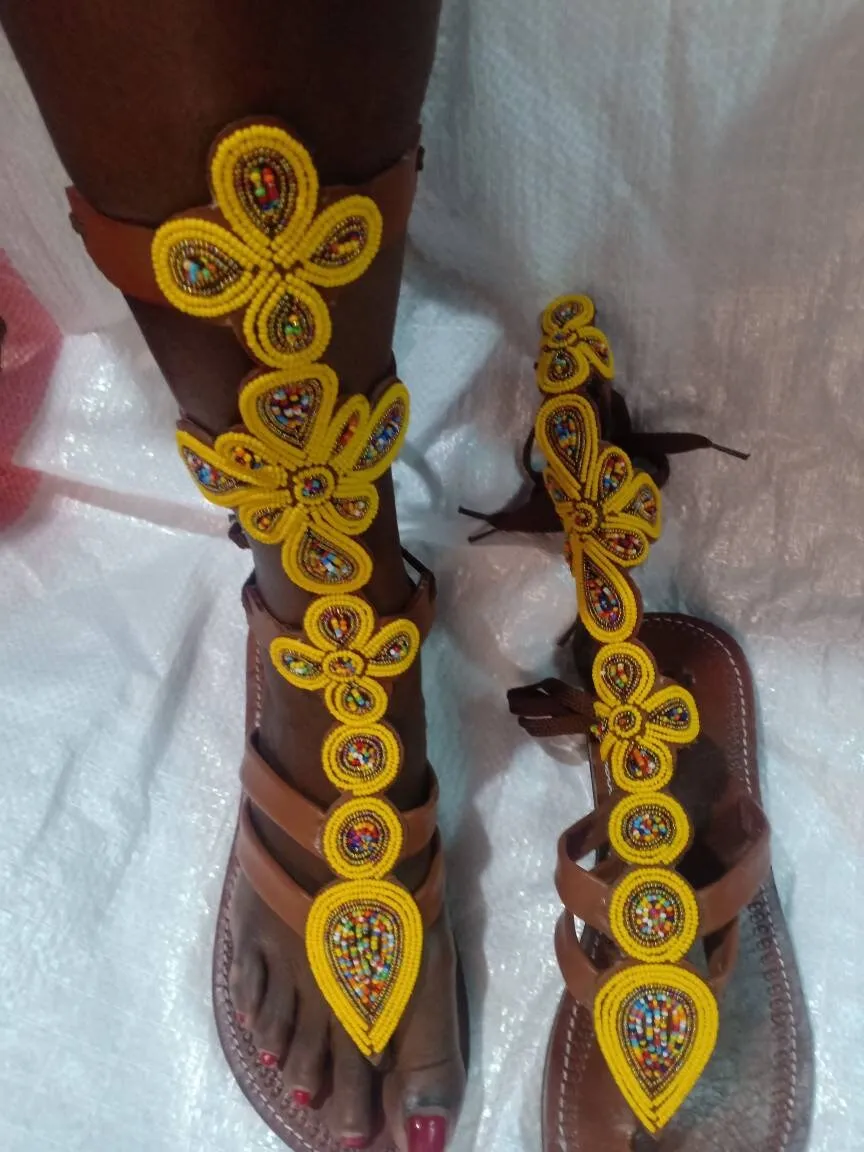 Handmade African Beaded Sandals/Authentic Maasai-Style Leather Flip-Flops Women/Boho Beach Sandals/Comfortable Summer Sandal African Gifts