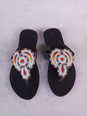 Handmade African Beaded Sandals/Authentic Maasai-Style Leather Flip-Flops Women/Boho Beach Sandals/Comfortable Summer Sandal African Gifts