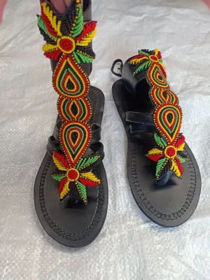Handmade African Beaded Sandals/Authentic Maasai-Style Leather Flip-Flops Women/Boho Beach Sandals/Comfortable Summer Sandal African Gifts