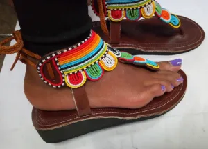Handmade African Beaded Sandals/Authentic Maasai-Style Leather Flip-Flops Women/Boho Beach Sandals/Comfortable Summer Sandal African Gifts
