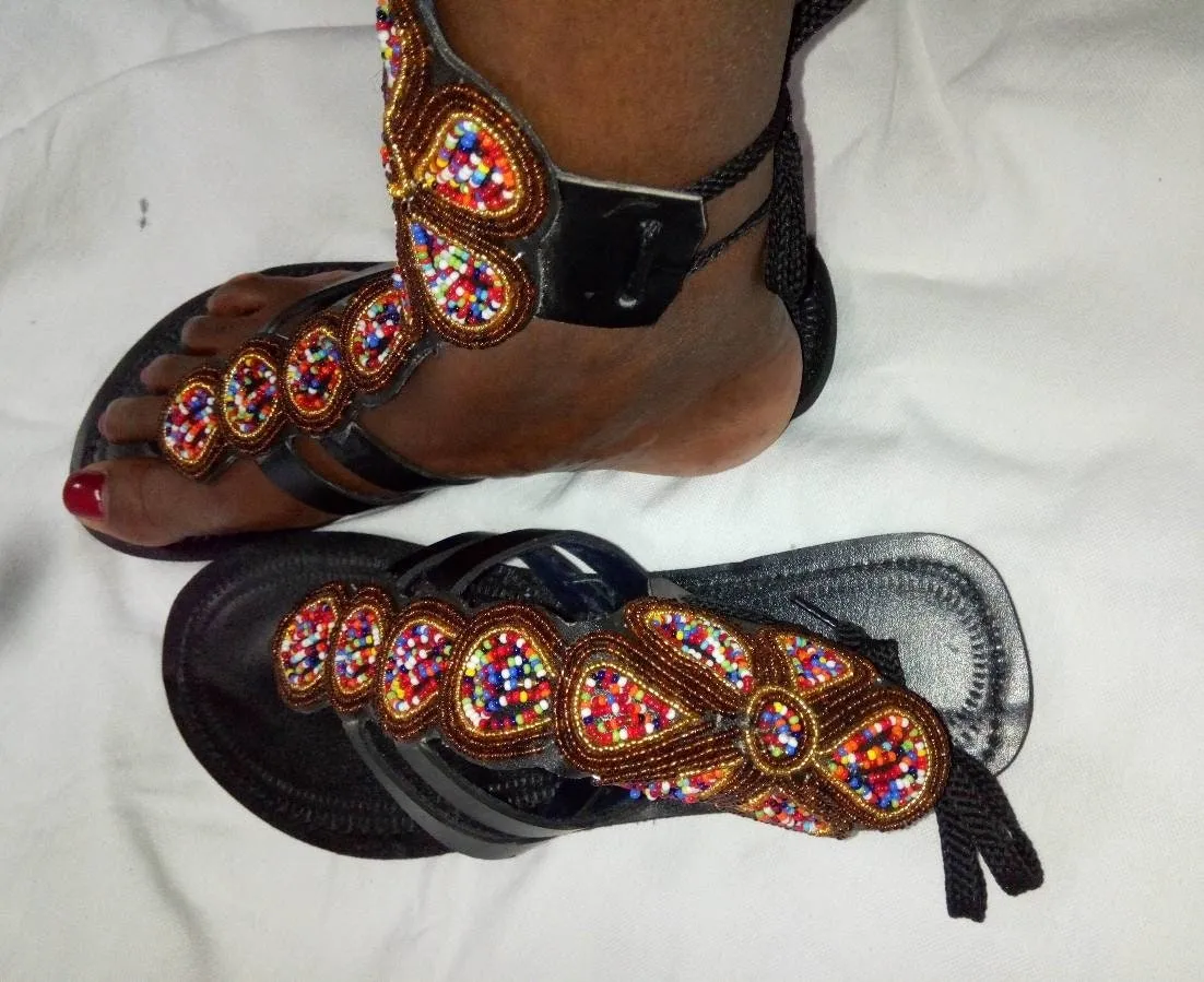 Handmade African Beaded Sandals/Authentic Maasai-Style Leather Flip-Flops Women/Boho Beach Sandals/Comfortable Summer Sandal African Gifts