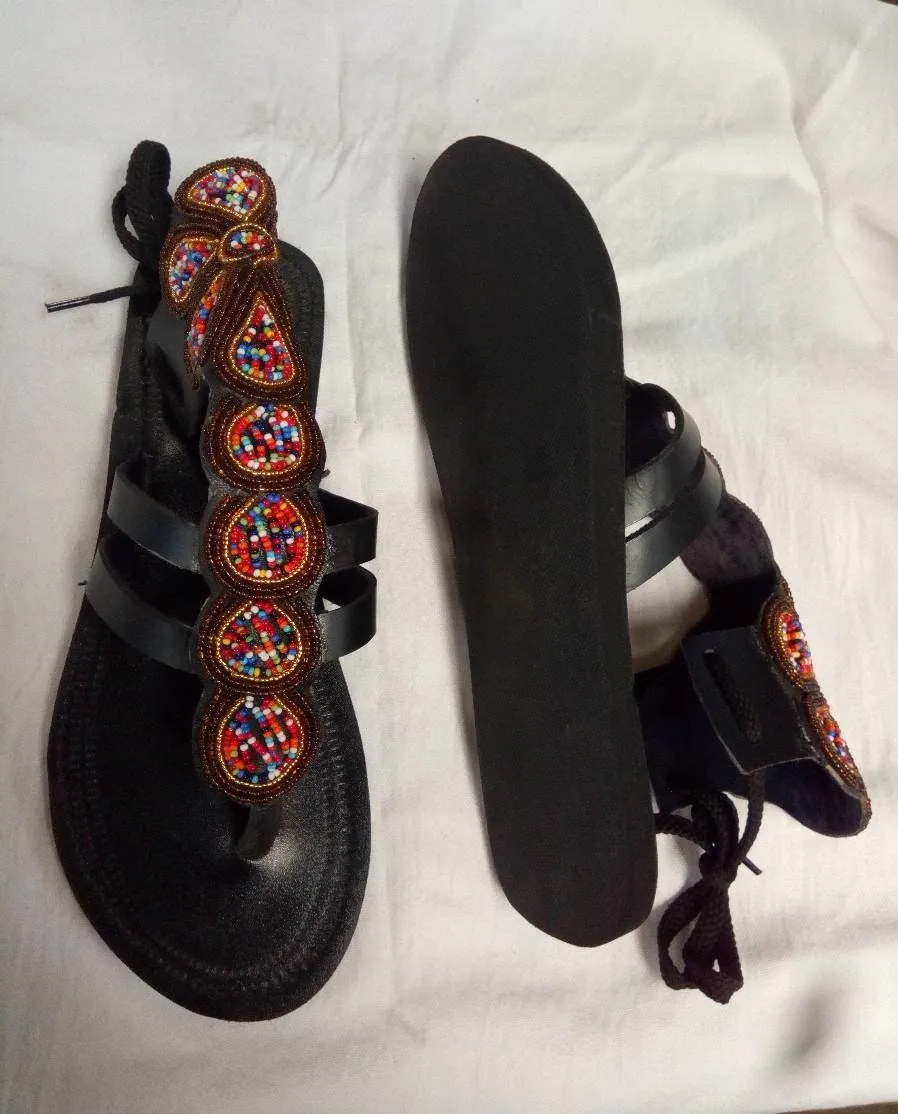 Handmade African Beaded Sandals/Authentic Maasai-Style Leather Flip-Flops Women/Boho Beach Sandals/Comfortable Summer Sandal African Gifts