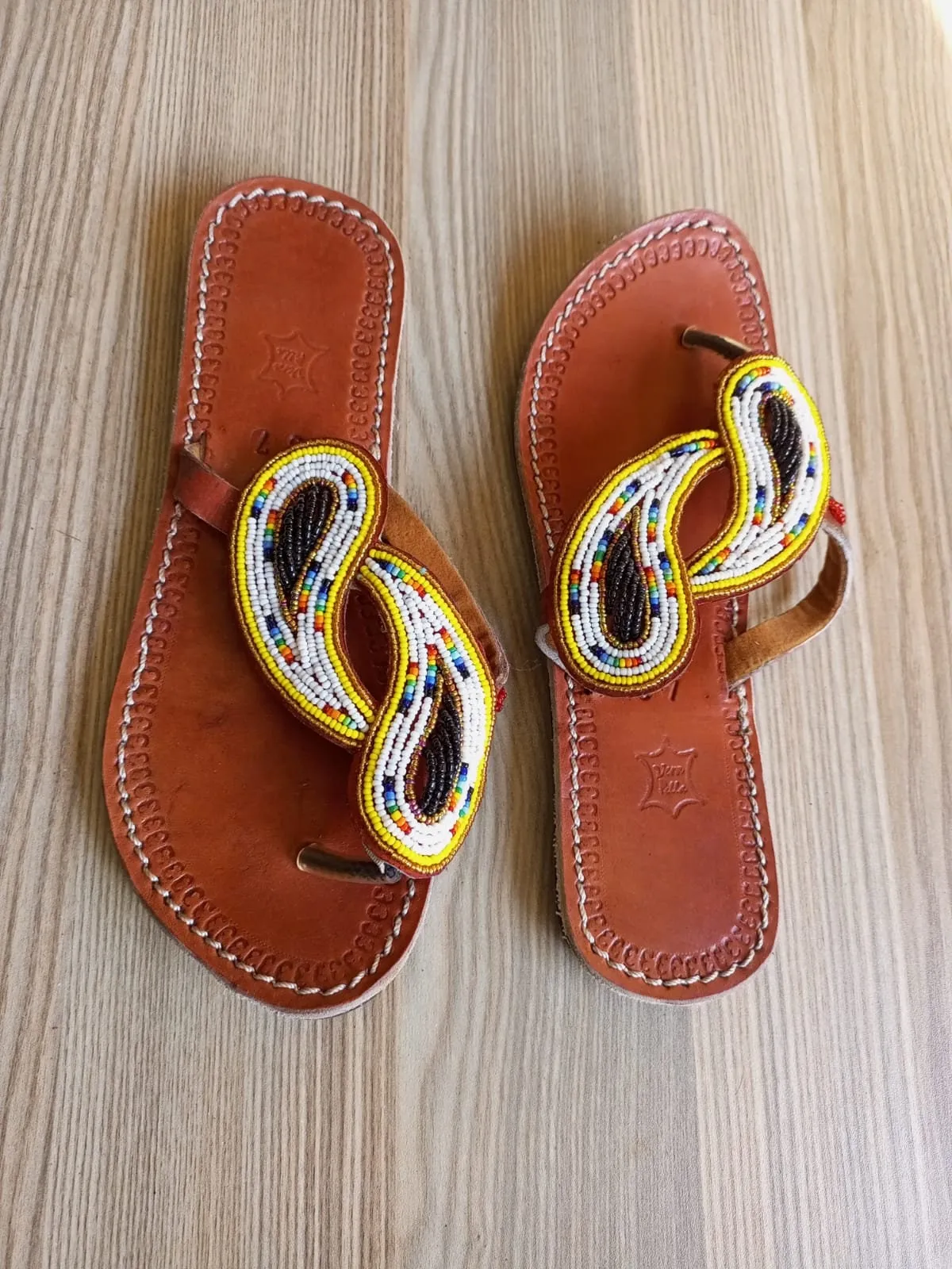 Handmade African Beaded Sandals/Authentic Maasai-Style Leather Flip-Flops Women/Boho Beach Sandals/Comfortable Summer Sandal African Gifts