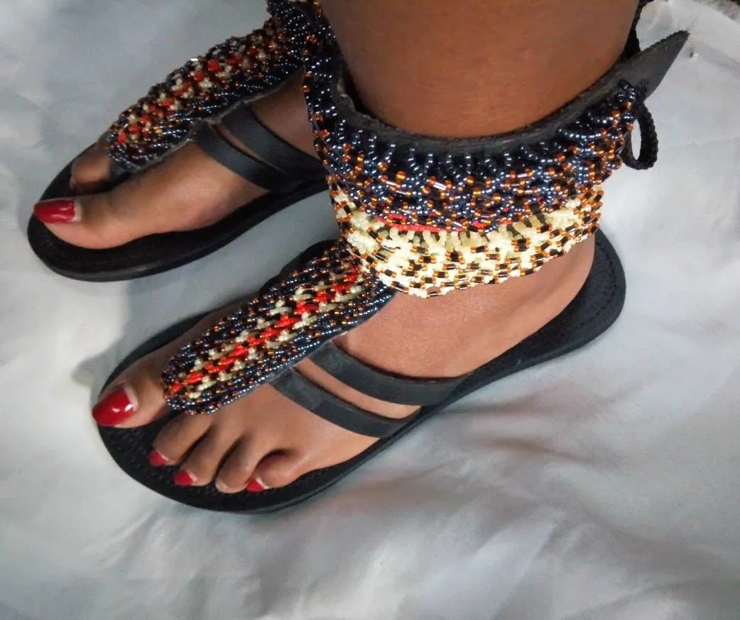 Handmade African Beaded Sandals/Authentic Maasai-Style Leather Flip-Flops Women/Boho Beach Sandals/Comfortable Summer Sandal African Gifts