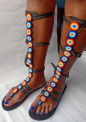 knee length  gladiator Beaded Sandals/Authentic Maasai-Style Leather Flip-Flops Women/Boho Beach Sandals/ Summer Sandal African Gifts
